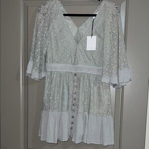 Zara Gray Lace Dress with Button Accents